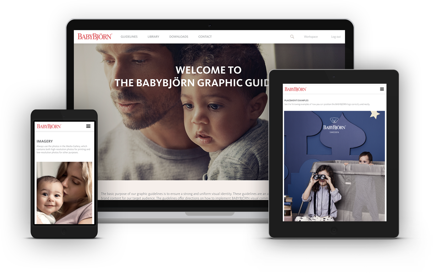 BabyBjörn brand manual displayed on a computer screen, pad and mobile
