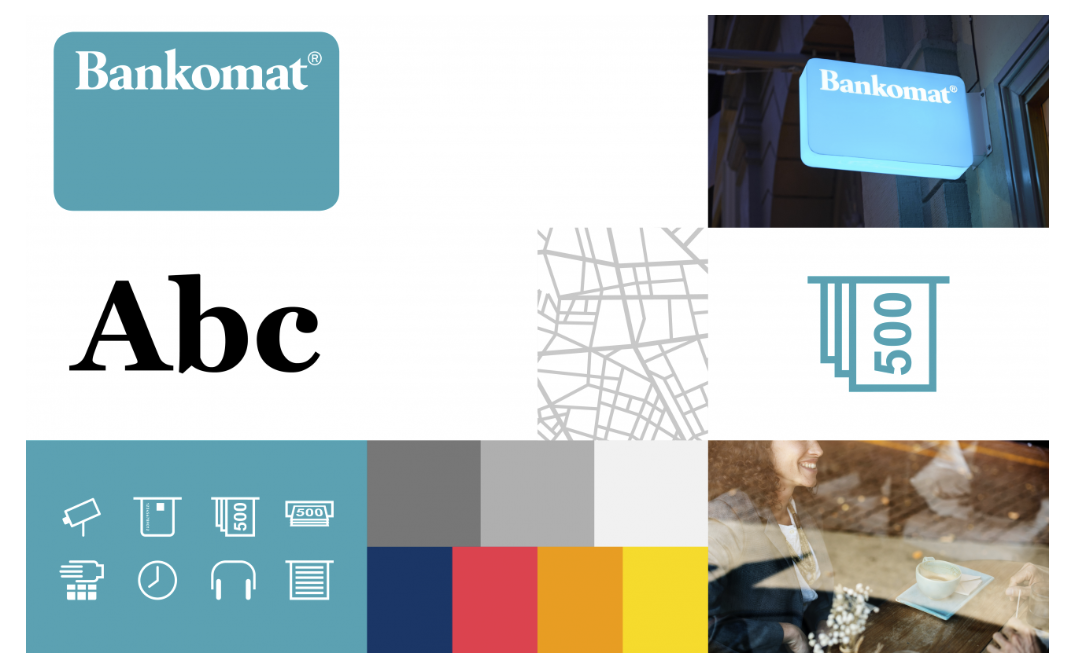 collage of Bankomat pics including multiple colors, typeface and icons used for their digital brand manual